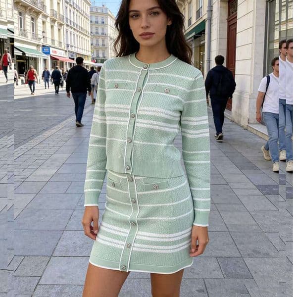 2026 spring/summer designer high-quality striped lightweight women's cardigan A3 wool sweater jacket skirt two-piece set