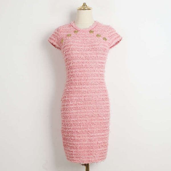 Designer women's elegant e22 and exquisite socialite tweed with metal buttons round neck mid length knitted dress