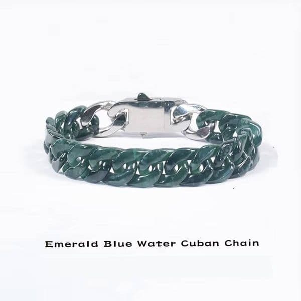 Natural Blue Jadeite Cuban Chain Link Bracelet Handmade Blue Jade Hip Hop Jewelry for Men Women Wholesale Fashion Accessory