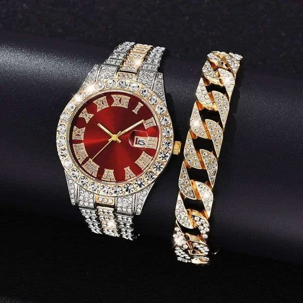 2 Pieces Fashion Diamond Men Women Gold Watch Ladies Watch-Unisex Luxury Rhinestone Bracelet Watches