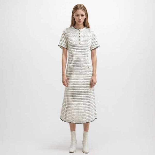 High end customized elegant spring and summer white round neck e22 short sleeved hollow medium length knitted dress