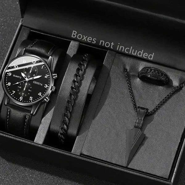 4PCS Black Men's Business Fashion Quartz Watch Bracelet Necklace Earrings Ring Set Perfect Gift for Friends or Dad