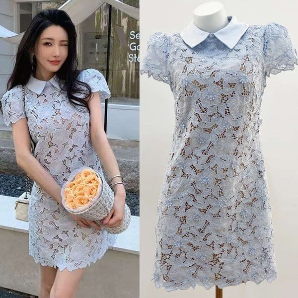 2026 Autumn/Winter New Designer Women's Mist Blue Dress with 3D Flower Embroidery f23 and Lining