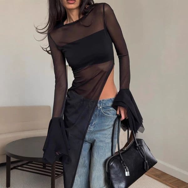 Irregular Long-sleeve Dress European And American Designer Dress Summer New Bell-sleeve Long Dress Black Mesh Dress