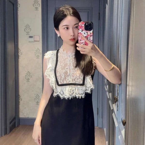 2026 early spring new x1 designer black and white contrasting lace sleeveless dress with rhinestone accessories