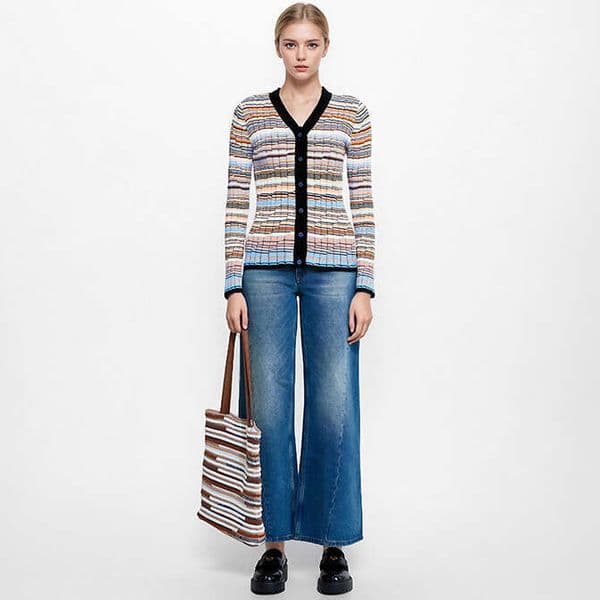 2026 Autumn/Winter Elegant Lady V-neck Long Sleeve Single breasted Tencel Cotton Striped Knitted Cardigan