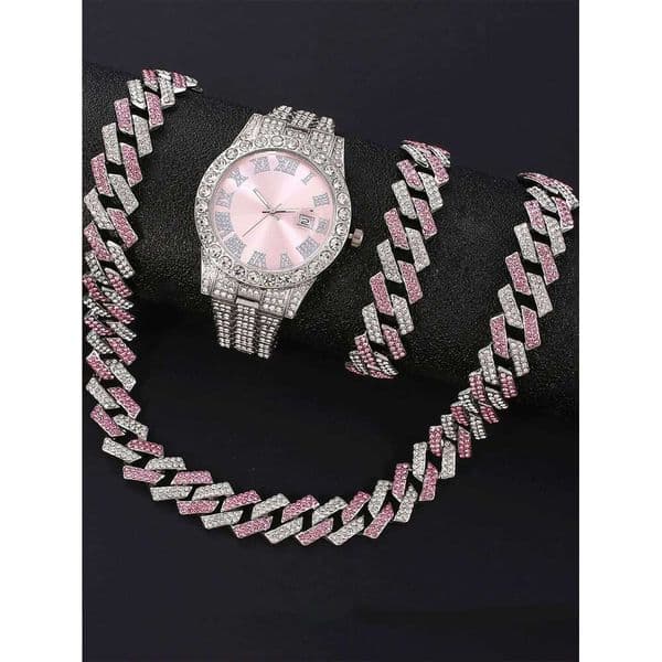 3-Piece Diamond Quartz Hip Hop Bracelet Necklace Fashion Watch Gift Set