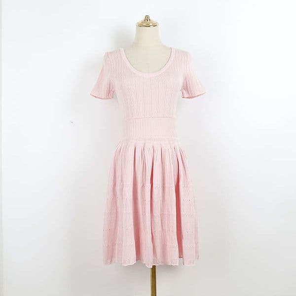 Summer designer pink double U-neck short sleeved A5 knitted ribbed elastic hollow pleated women's dress