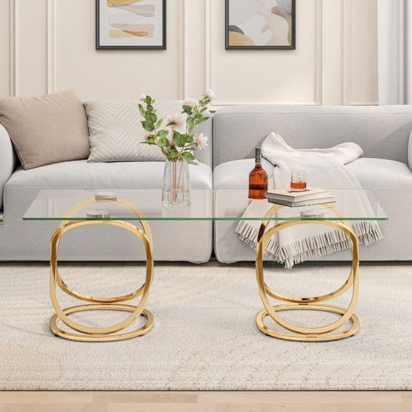 Modern Rectangle Glass Coffee Table with Ring-Shaped Frames Metal Frame and Clear Tempered Glass Luxury Center Table for Living Room Bedroom and Office Gold