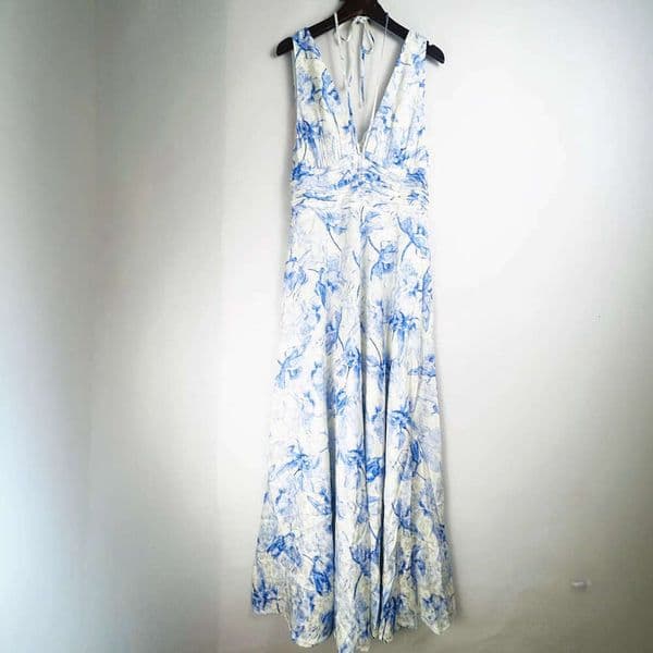 2026 Spring and Summer New Designer French Elegant Small Fragrant Style V-neck Printed Tie F8 Slimming Long Strap Dress
