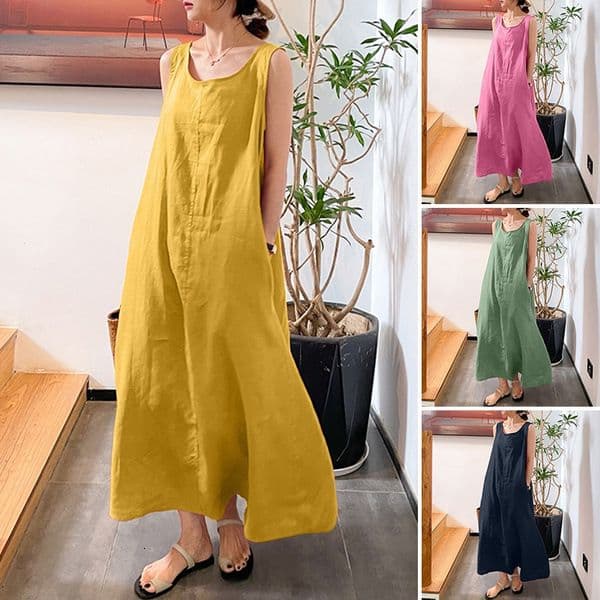 European And American Summer New Long Version Strap Cotton Linen Simple Style Designer Dress Loose Pocket Round Neck Elegant Sleeveless Dress For Women