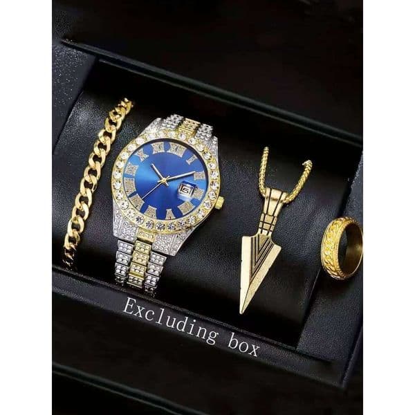 4-piece set European and American popular steel strap hip-hop Roman scale diamond inlaid calendar men's quartz watch