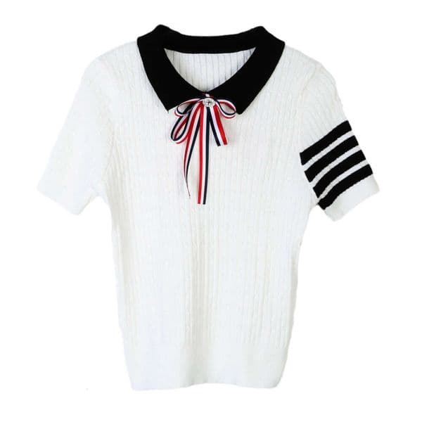 2026 Women's Short sleeved Butterfly Knot Embroidered Dog Pattern Simple F8 Four Stripe Polo Neck Fashion TB Knitted Shirt