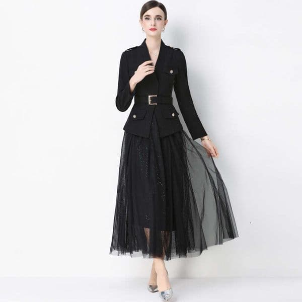 Designer Women's Fashion Suit High end B15 Texture Elegant Long sleeved Top Mesh Half skirt Two piece Set with Belt