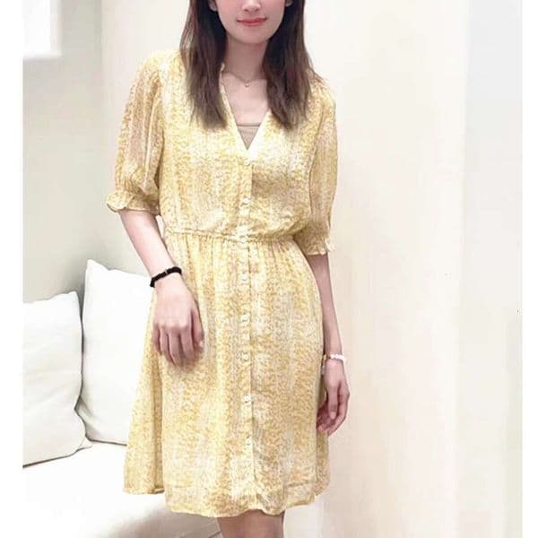 A16 2026 Summer New Designer French Fresh Lemon Yellow Printed Ruffle V-neck Waist Dress