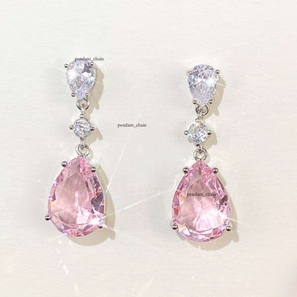 Sweet Pink Colorful Moissanite Summer New Pear-shaped Water Drop Light Luxury Elegant Earrings for Women