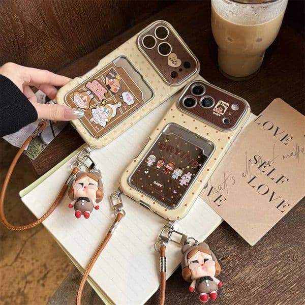 Kawaii Cartoon Cry Girls Card Holder Phone Case For iPhone 16 Pro 14 15 17 Pro Max Cover with Hand Rope Cute Protective Cases H260321