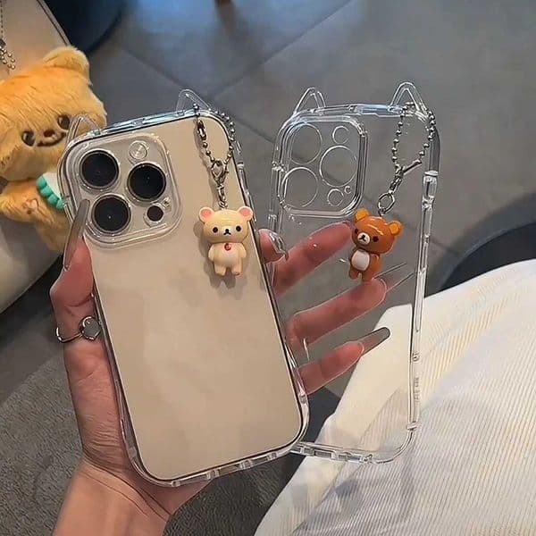 Cute 3D Ears Clear Case For iPhone 17 16 15 14 13 12 11 Pro Max 8 7 Plus SE 17prax Cartoon Rilakkuma Pendant TPU Cover Shell H260321