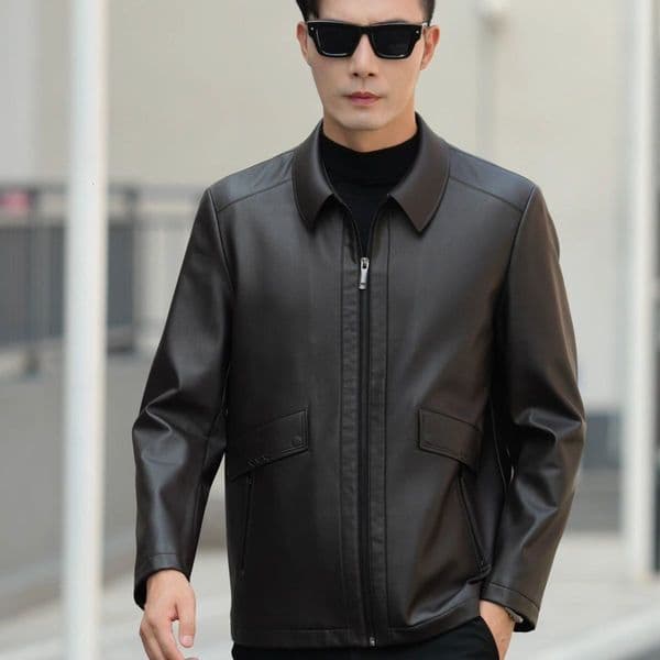 New autumn and winter jacket with a turn-down collar, high-end casual leather coat, thin style, suitable for middle-aged dads, business casual, loose fit