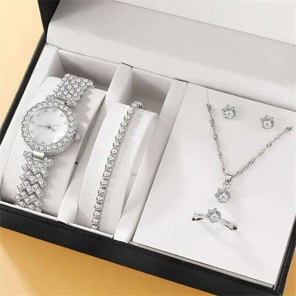 6PCS Luxury Watch Women Ring Necklace Earring Rhinestone Fashion Wristwatch Casual Ladies Watches Bracelet Set Clock