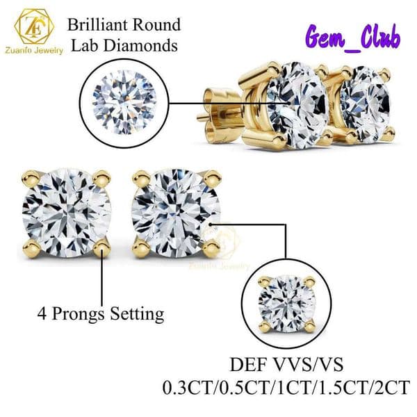 Jewelry Custom Earrings Fine 4Claw Inlay Real Solid 18K 14K 10K Gold Earring Round Cut 1 2 3 4 Carat Lab Grown Diamond Earings