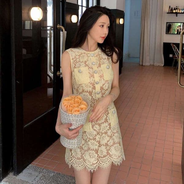 2026 Spring/Summer New Designer Women's French Blue Eyelash Lace A-line D17 Sleeveless Round Neck Dress