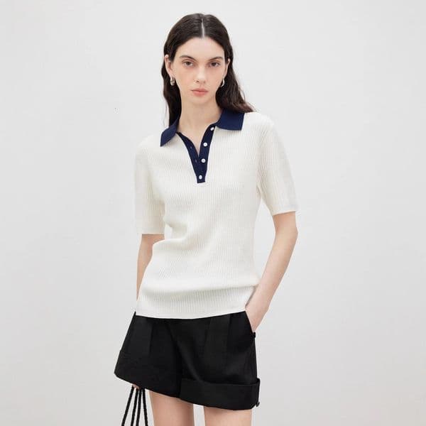 Mun/fashionable Old Money Miu Polo Style Designer T-shirt Color-block Fake Two-piece Polo Collar Designer Hoodie Silk Wool Short Sleeve Knit Top