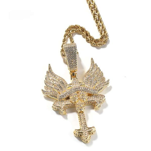 Hip-Hop Ice with VVS moissanite Niche Creative Angel Wings Cross Pendant Couple Necklace Sweater Chain