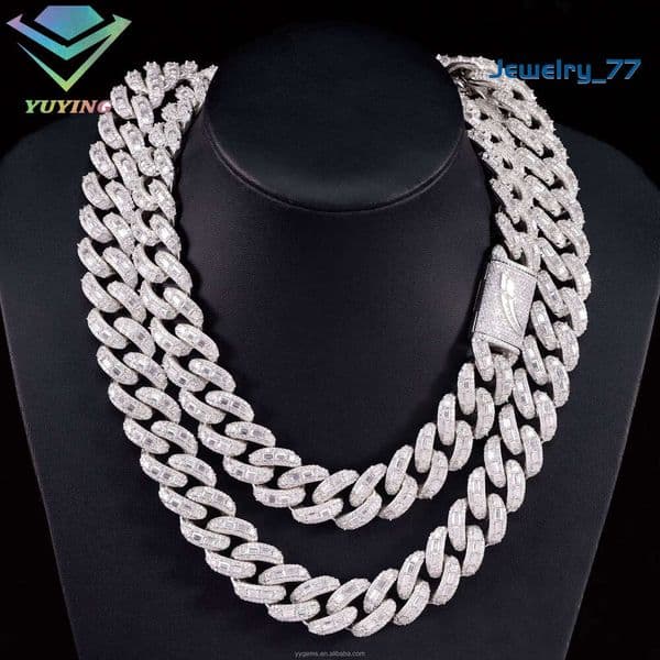 Custom 15Mm 18Mm 20Mm VVS Iced Out Moissanite Baguette Pass Diamond Test 925 Silver Gold Hip Hop Cuban Link Chain Necklace Men
