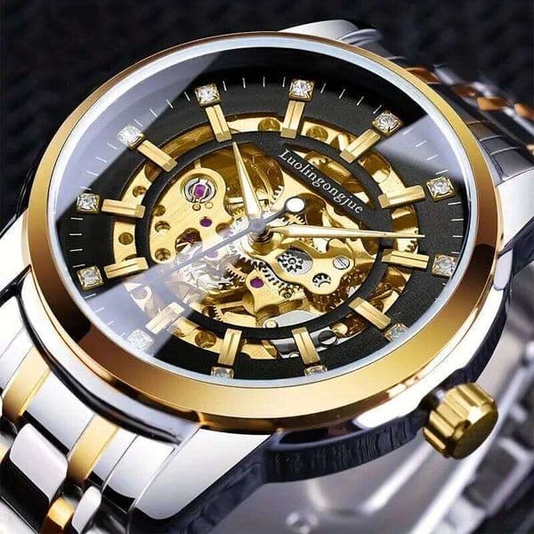 Elegant Men's Automatic Mechanical Watch Luxury Business Gentleman Style, with Faux Diamond Decoration, Skeleton Design, Alloy Case, Self-Winding, No Battery