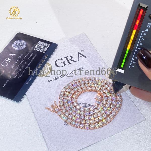 Factory Wholesale Moissanite Jewelry 925 Silver Hip Hop Rose Gold Chain 3mm 20Inch DVVS Moissanite Tennis Necklace