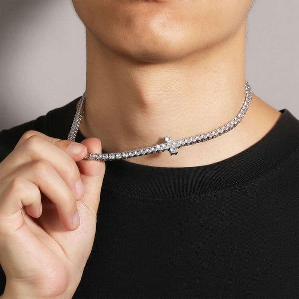 Hip Hop Ice with VVS moissanite Niche 4MM Side Cross Pure silver Inlaid Moissanite Silver Color One Row Tennis Chain Men's Necklace Wholesale