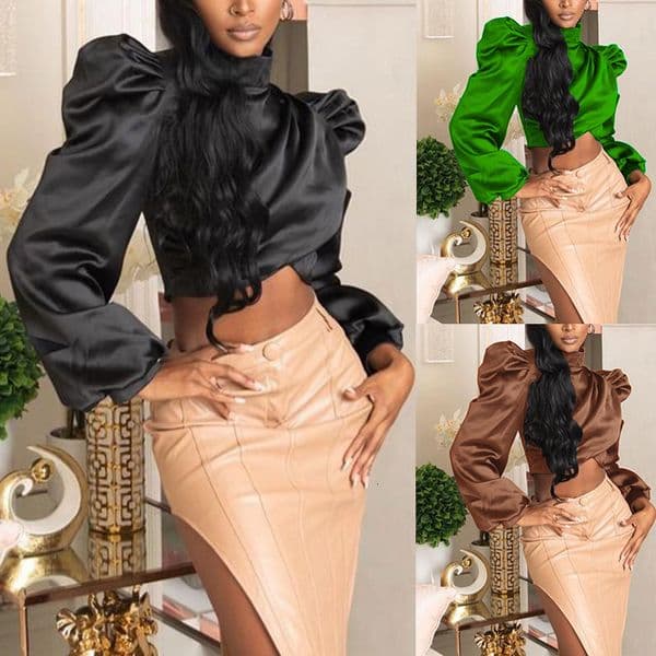 New Popular European And American Fashion Slim-fit Short Satin Designer Hoodie Puff Sleeve Stand Designer T-shirt Polo Collar Pullover Top