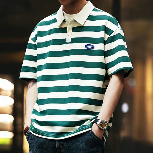 Exclusive Polo Supply Of Designer Hoodie Loose Casual Turn-down Collar Base Designer T-shirt Shirt Japanese-style Striped Polo Shirt Men Breathable Pique T-shirt
