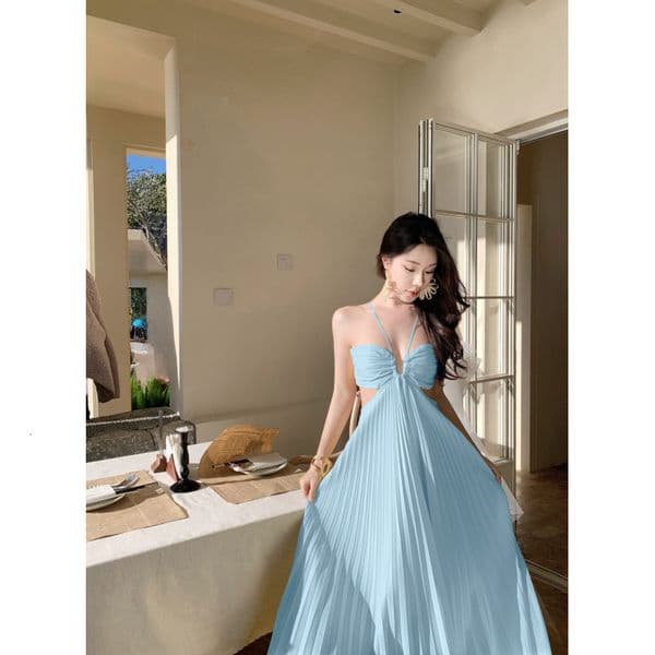Younger Lady French-style Elegant Light Blue Hollow-out Halter Neck Dress Sexy Ruched Vacation Long Designer Dress Dress For Summer