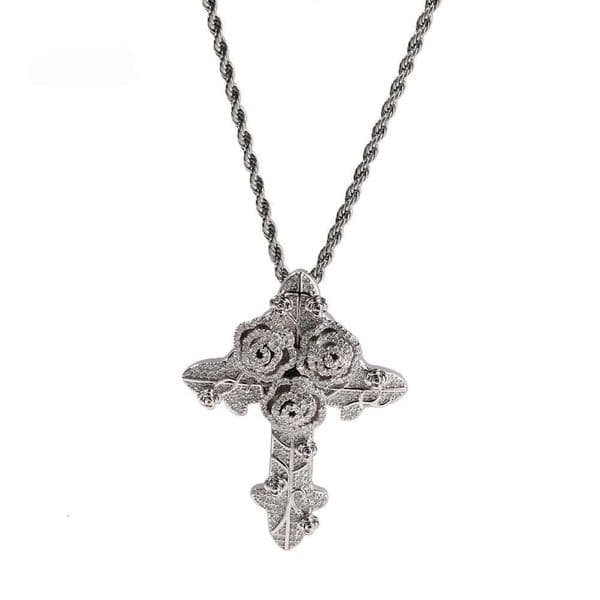 Hip Hop Ice with VVS moissanite Trendy Brand INS Style Rose Flower Cross Moissanite Pendant Twist Chain Necklace Unisex Versatile Couple Accessories