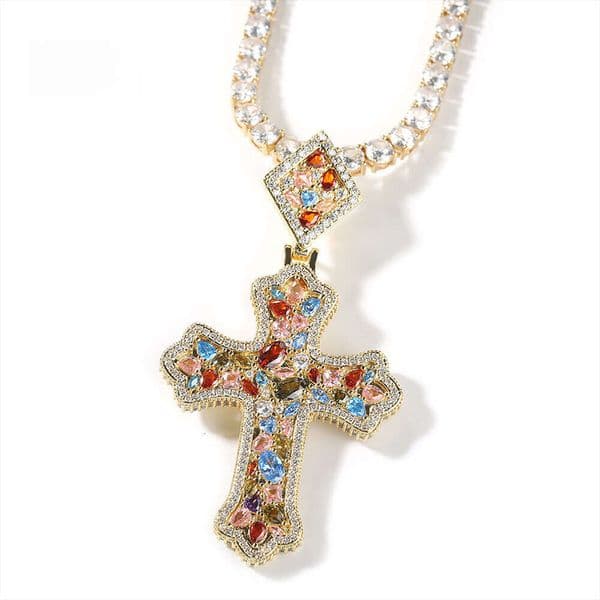 Hot-Selling Hip-Hop Ice with VVS moissanite Punk Colorful Moissanite Rhombus Buckle Cross Pendant Unisex Versatile Trendy Cool Jewelry Wholesale
