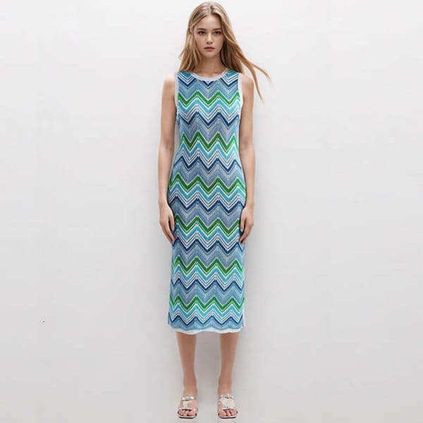 Designer's x1 high-end French elegant lady round neck sleeveless wavy striped mid length knitted dress, spring and A1 summer styles