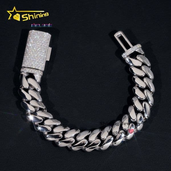 Iced Out Custom Rapper Style Hip Hop Jewelry 12MM Moissanite Lock 925 Hand Made Tight Link Plain Cuban Link Bracelet