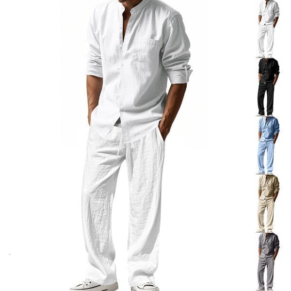 American-style Four-season Linen Men's Casual Loose Breathable Long-sleeve Long-pants Designer Polo T-shirt Shirt Beach Suit Designer Hoodie In Stock