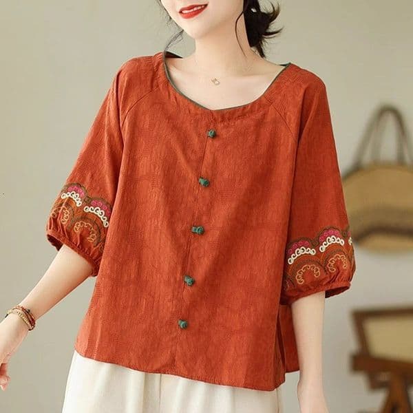 Designer T-shirt Cotton-linen Polo Short-sleeve Embroidered Stylish Short-sleeve T-shirt For Women New Summer Artistic Style Designer Hoodie Women's Clothing