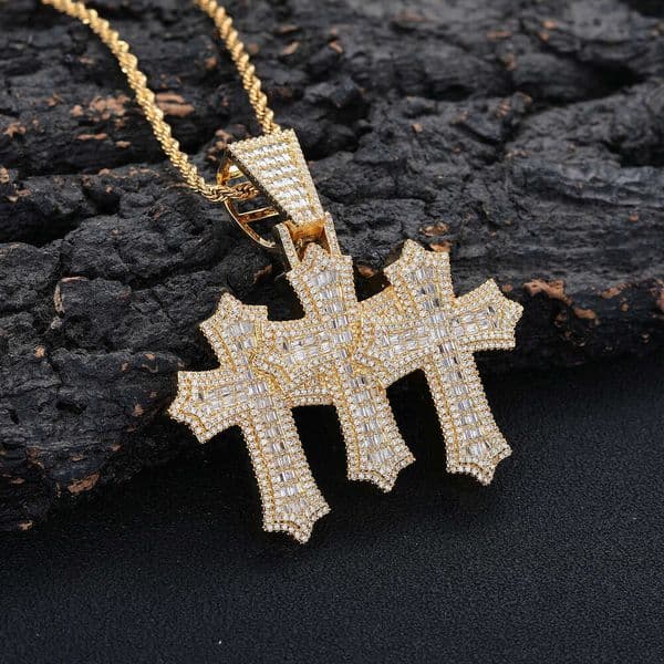 Hip Hop Style Three-Layer Cross Moissanite Pendant Personality HIPHOP Rap Trendy Brand Jewelry