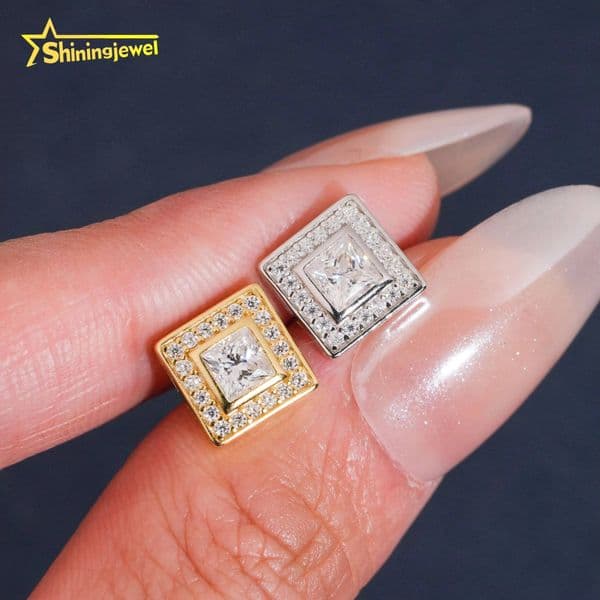 Old Money Style Big Center Stone Square Princess Cut Ear Studs Moissanite Stud Earrings Women 925 Moissanite Earrings Hoops