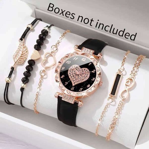 6PCS/Set Fashion Rhinestone Women Watches Leather Str apQuartz Wristwatch Heart Leaf Bracelets SetWithout Box