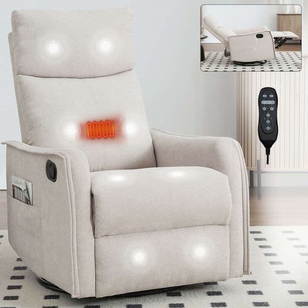 Heat Massage Manual Recliner Chair with Rocker and Swivel in Fabric for Living Room, Beige 2004
