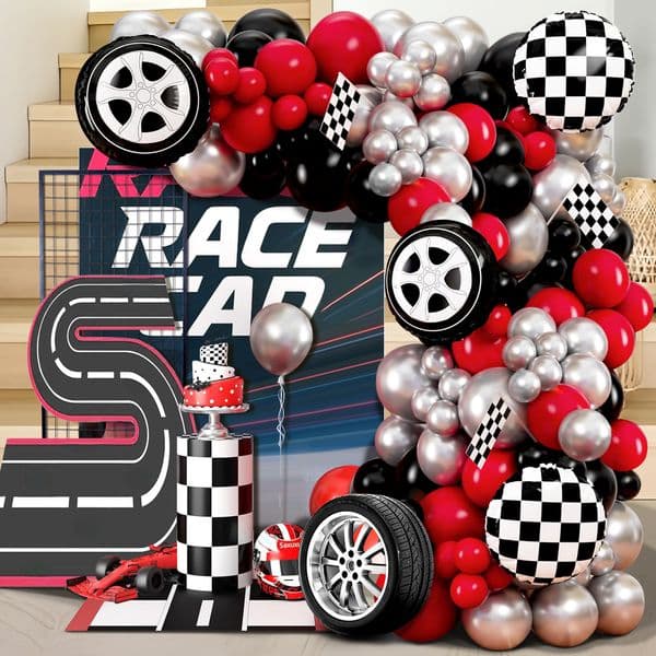 111-Piece Racing Theme Balloon Garland Set, Red Black Silver Party Decorations, Latex & Foil Balloon Combination, Party Supplies, Kids 1st Birthday Decor