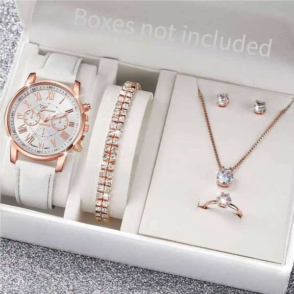 6PCS/Set Casual Leather Strap Women Watches Ladies Quartz Wrist Watch Rhinestone Jewelry Set Reloj MujerWithout Box
