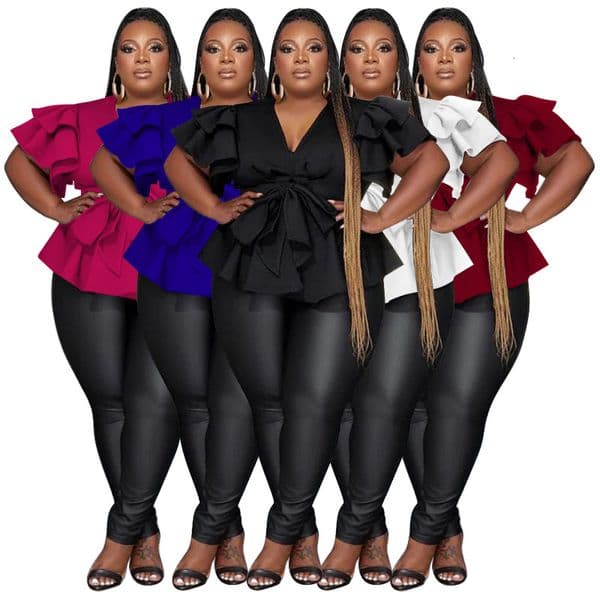 European And American Plus-size Designer T-shirt Designer Hoodie Women's Clothing Popular Polo Casual Versatile V-neck Ruffle Sleeve Pleated Shirt Top