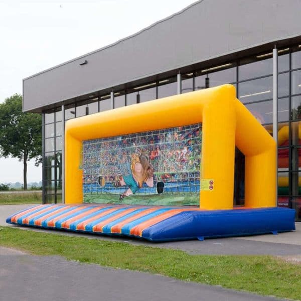 wholesale Removable Sticker Yellow Inflatable Soccer Goal Frame with Blue Bottom Bed for Football Match Shot on Sale