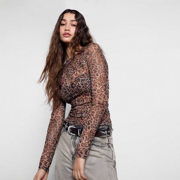 European And American Designer Hoodie Polo 2026 New Fashion Mesh Round-neck Leopard Print Slim-fit Base Designer T-shirt Top For Women